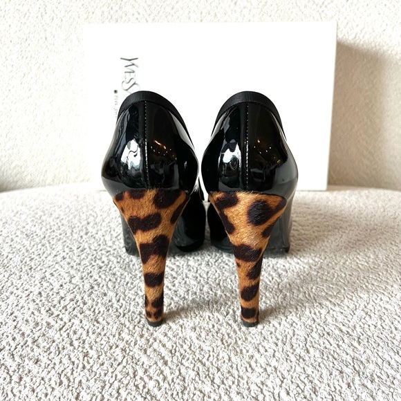 Yves Saint Laurent Black Patent Leather Pumps w/ Leopard Print Heels - Picture 2 of 5